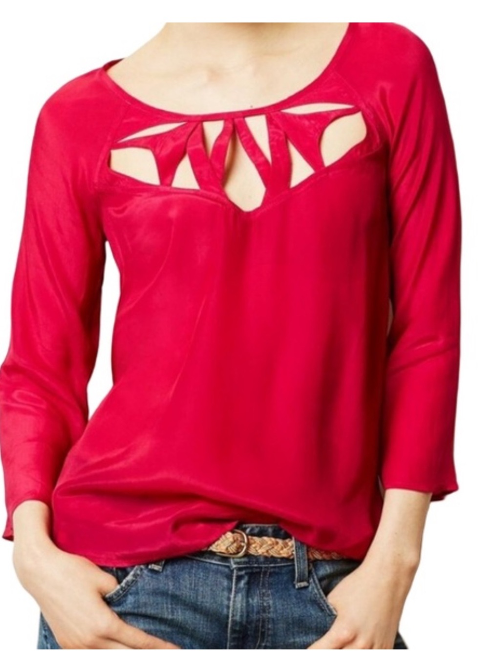 Anthropologie Maeve Magenta Pink Cutout Blouse 3/4 Sleeve Women’s 10